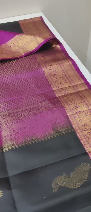 Classic Charcoal Black & Shimmer Wine Red Double Warp Elegance Handloom Soft Silk Saree SS23513