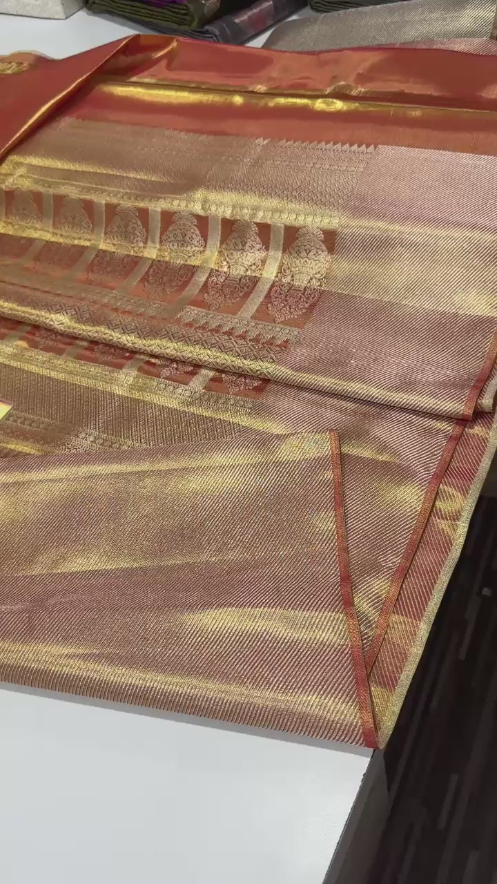 Classic Sunset Orange Gold Tissue Bridal Elegance Kanchipuram Tissue Handloom Silk Saree SS23882