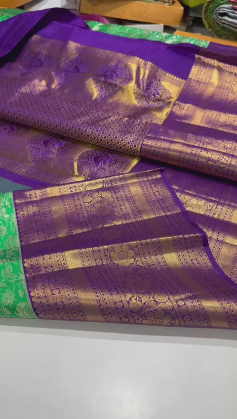 Classic Light Green & Purple 2gm Zari Bridal Elegance Kanchipuram Handloom Silk Saree SS17131