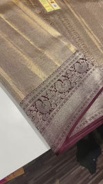 Load and play video in Gallery viewer, Classic Shimmer Gold &amp; Coffee Brown Bridal Elegance Kanchipuram Tissue Handloom Silk Saree SS25714
