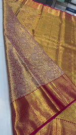 Load and play video in Gallery viewer, Classic Shimmer Gold &amp; Deep Pink Brocade Tissue Bridal Elegance Kanchipuram Handloom Silk Saree SS27281

