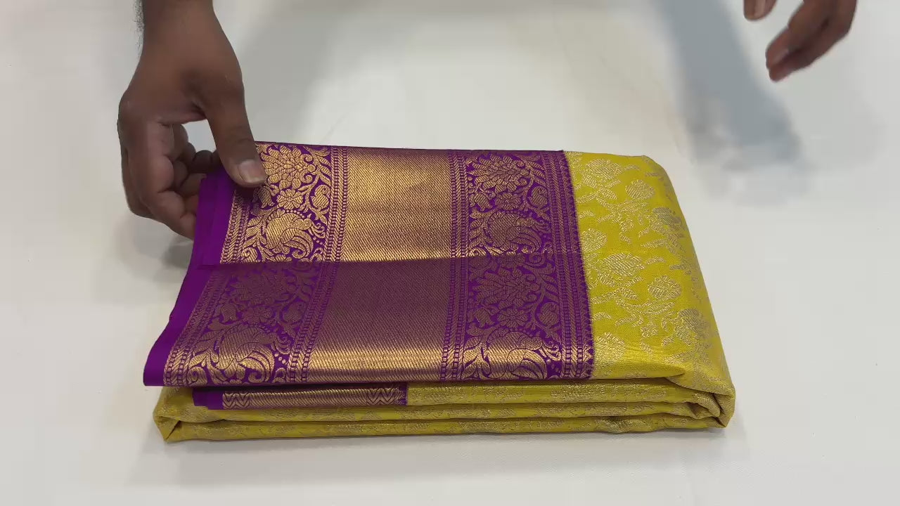 Classic Golden Yellow & Violet Tissue Kuttu Bridal Elegance Kanchipuram Handloom Silk Saree SS25289