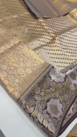 Load and play video in Gallery viewer, Classic Golden Beige &amp; Coffee Brown Bridal Elegance Kanchipuram Handloom Silk Saree SS27196
