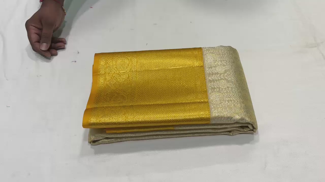 Classic Shimmer Pearl & Yellow Bridal Elegance Kanchipuram Tissue Handloom Silk Saree SS24181