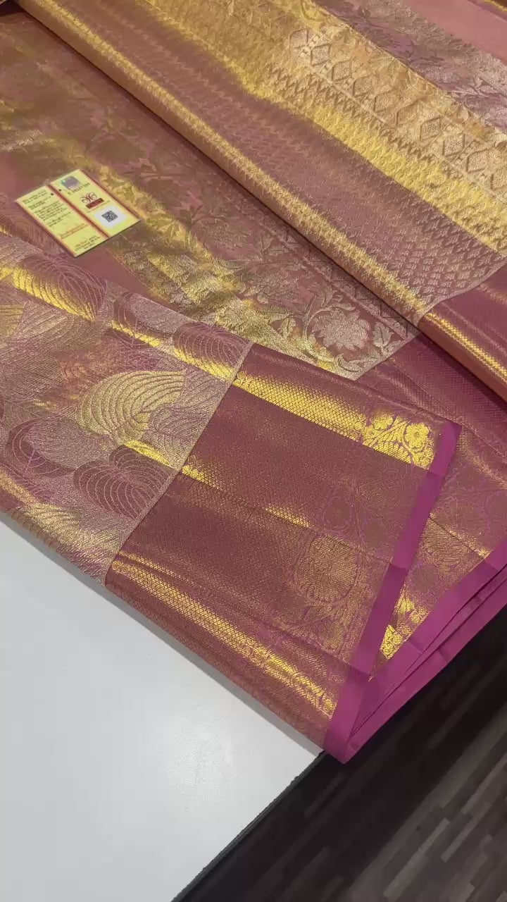 Classic Pastel Rose Brocade Bridal Elegance Kanchipuram Tissue Handloom Silk Saree SS23720