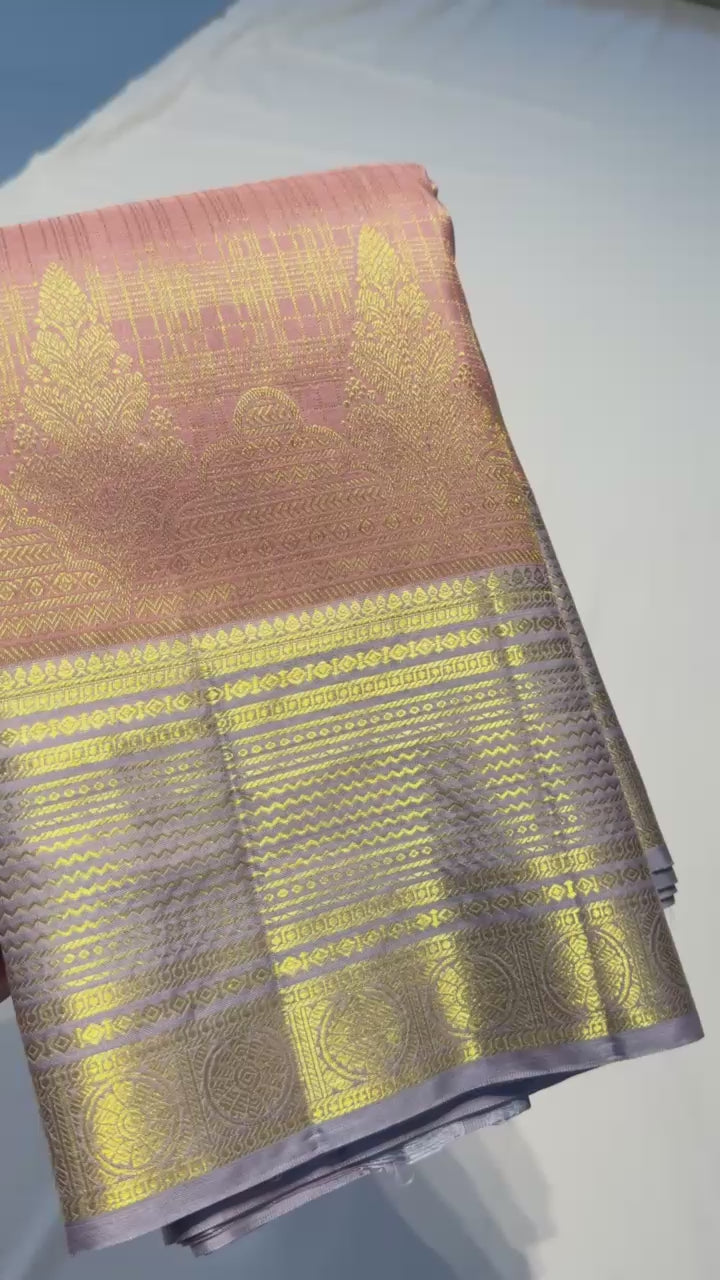 Classic Nude Cocoa & Pastel Lavender Elegance Kanchipuram Handloom Silk Saree SS24826