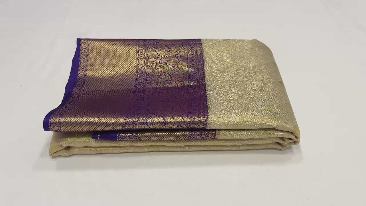 Classic Butter Cream & Navy Blue Tissue Kuttu Bridal Elegance Kanchipuram Handloom Silk Saree SS25291