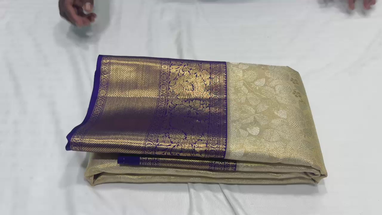 Classic Butter Cream & Navy Blue Tissue Kuttu Bridal Elegance Kanchipuram Handloom Silk Saree SS25287