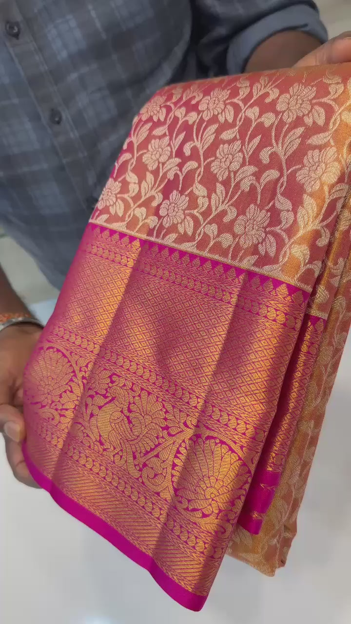 Classic Shimmer Gold & Ruby Pink Bridal Elegance Kanchipuram Tissue Handloom Silk Saree SS26009