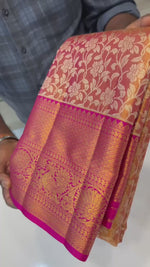 Load and play video in Gallery viewer, Classic Shimmer Gold &amp; Ruby Pink Bridal Elegance Kanchipuram Tissue Handloom Silk Saree SS26009
