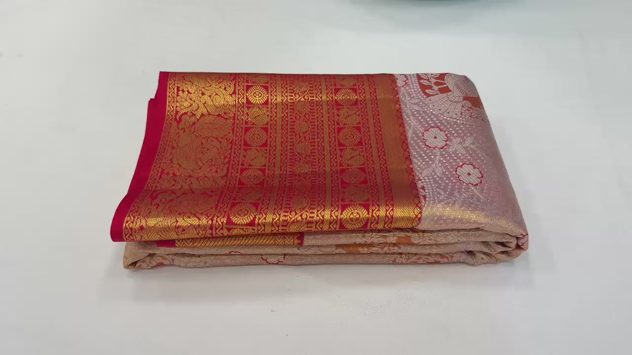 Classic Rose Gold & Brick Red Bridal Elegance Kanchipuram Tissue Handloom Silk Saree SS24179