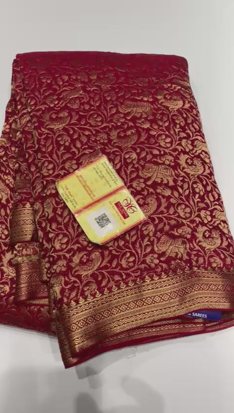 Classic Ruby Red Handwork Elegance Khaddi Banarasi Crepe Silk Saree SS25411