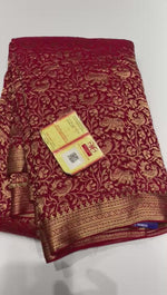 Load and play video in Gallery viewer, Classic Ruby Red Handwork Elegance Khaddi Banarasi Crepe Silk Saree SS25411
