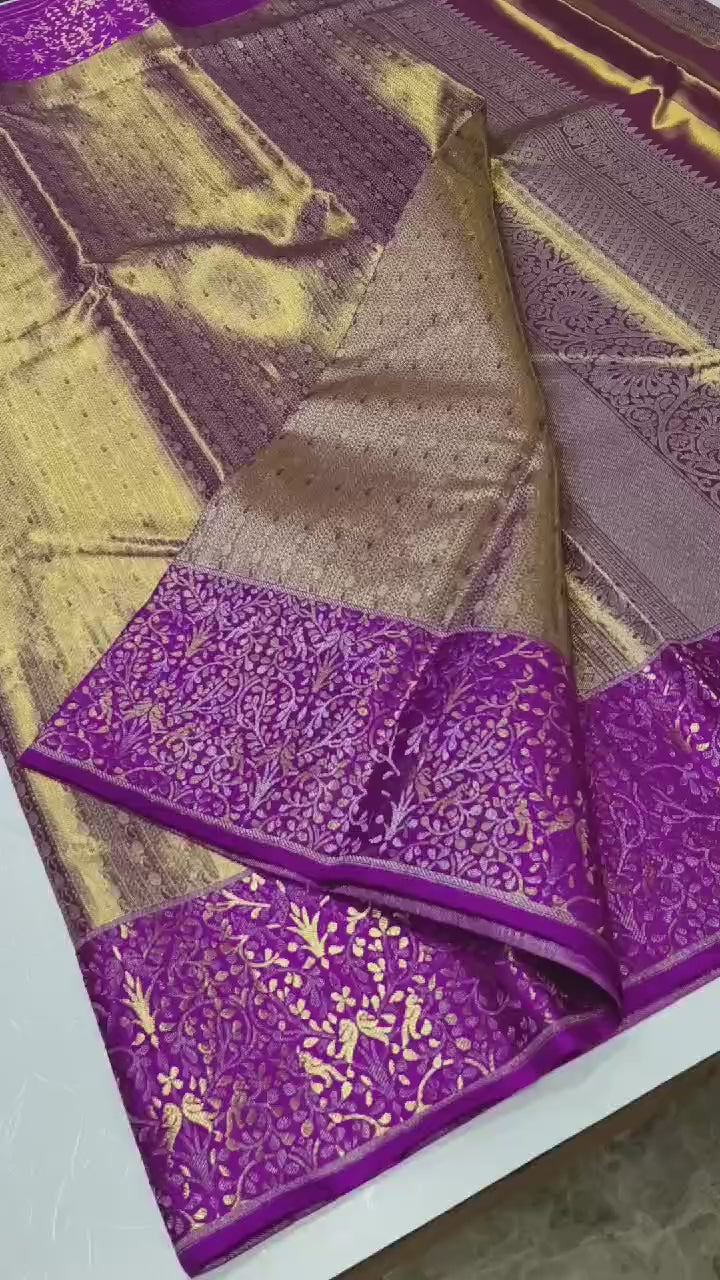 Classic Antique Gold & Vadamalli 2gm Zari Tissue Brocade Elegance Kanchipuram Handloom Silk Saree SS24243