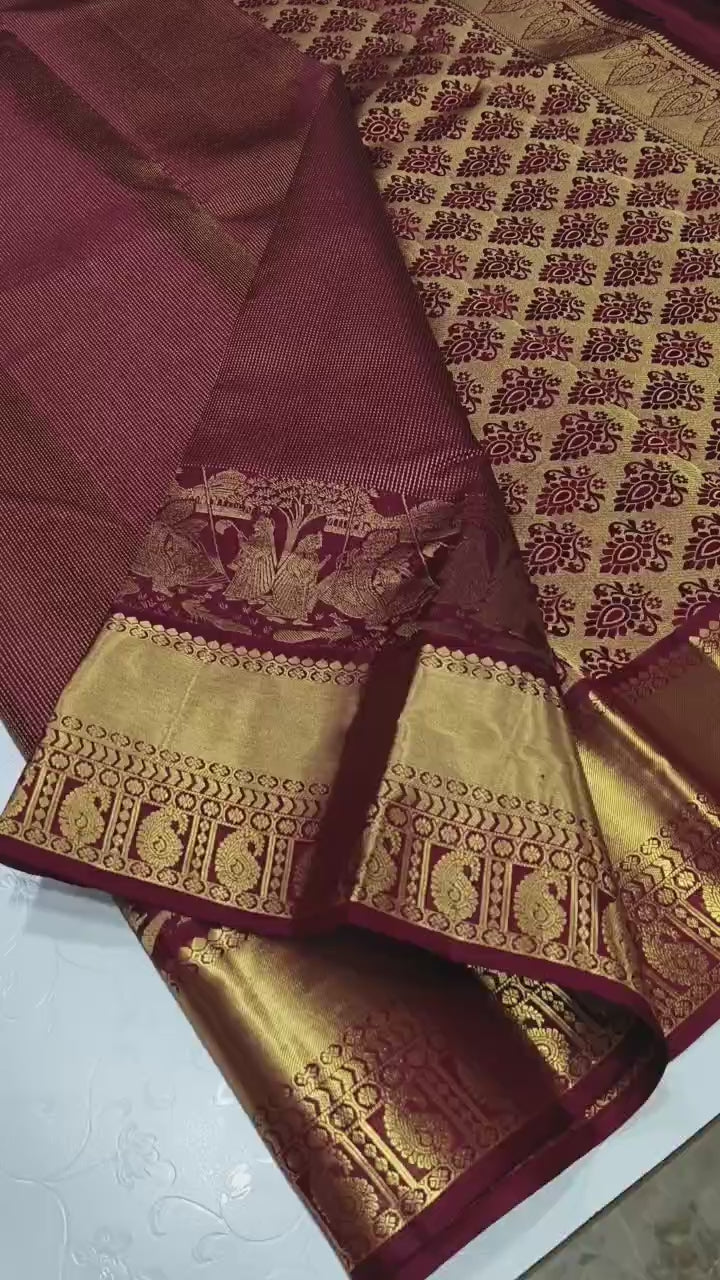 Classic Mahogany Red 2gm Zari Bridal Elegance Kanchipuram Handloom Silk Saree SS25723