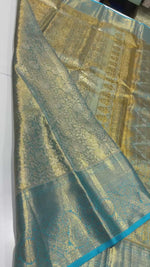 Load and play video in Gallery viewer, Classic Shimmer Gold Ice Blue Brocade Tissue Bridal Elegance Kanchipuram Handloom Silk Saree SS27275

