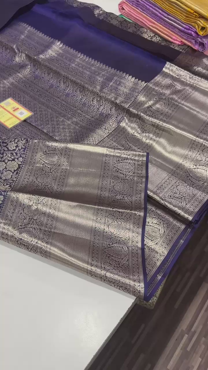 Classic Midnight Blue Brocade Bridal Elegance Kanchipuram Tissue Handloom Silk Saree SS23722