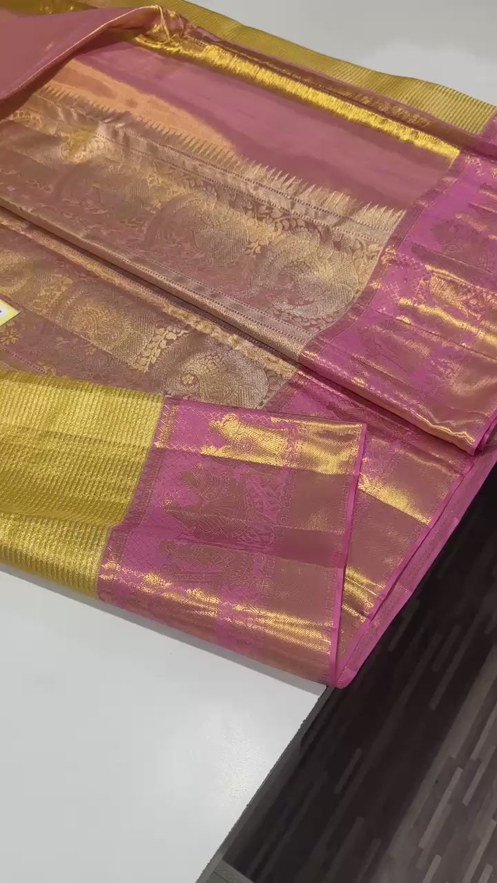 Classic Gold & Pink Bridal Elegance Kanchipuram Tissue Handloom Silk Saree SS23718