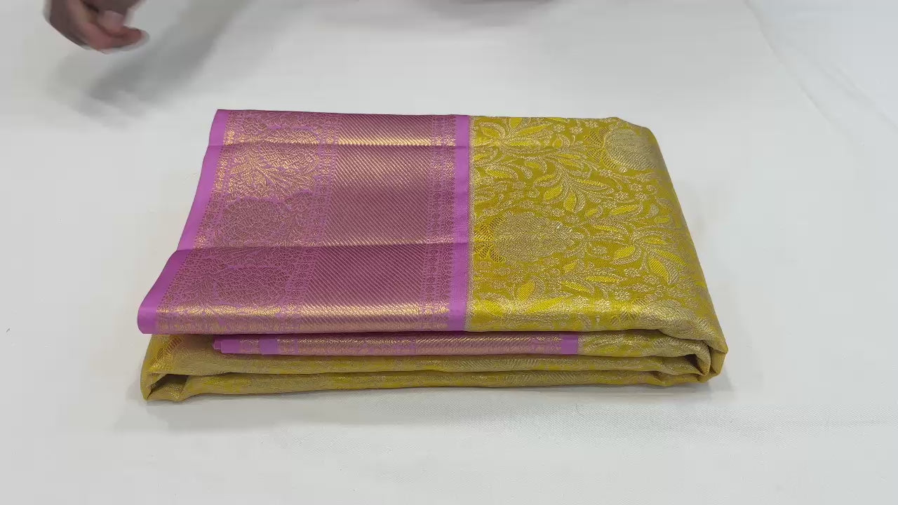 Classic Golden Yellow & Pink Tissue Kuttu Bridal Elegance Kanchipuram Handloom Silk Saree SS25290
