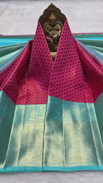 Load and play video in Gallery viewer, Classic Cherry Pink &amp; Sky Blue 2gm Zari Bridal Elegance Kanchipuram Handloom Silk Saree SS27507
