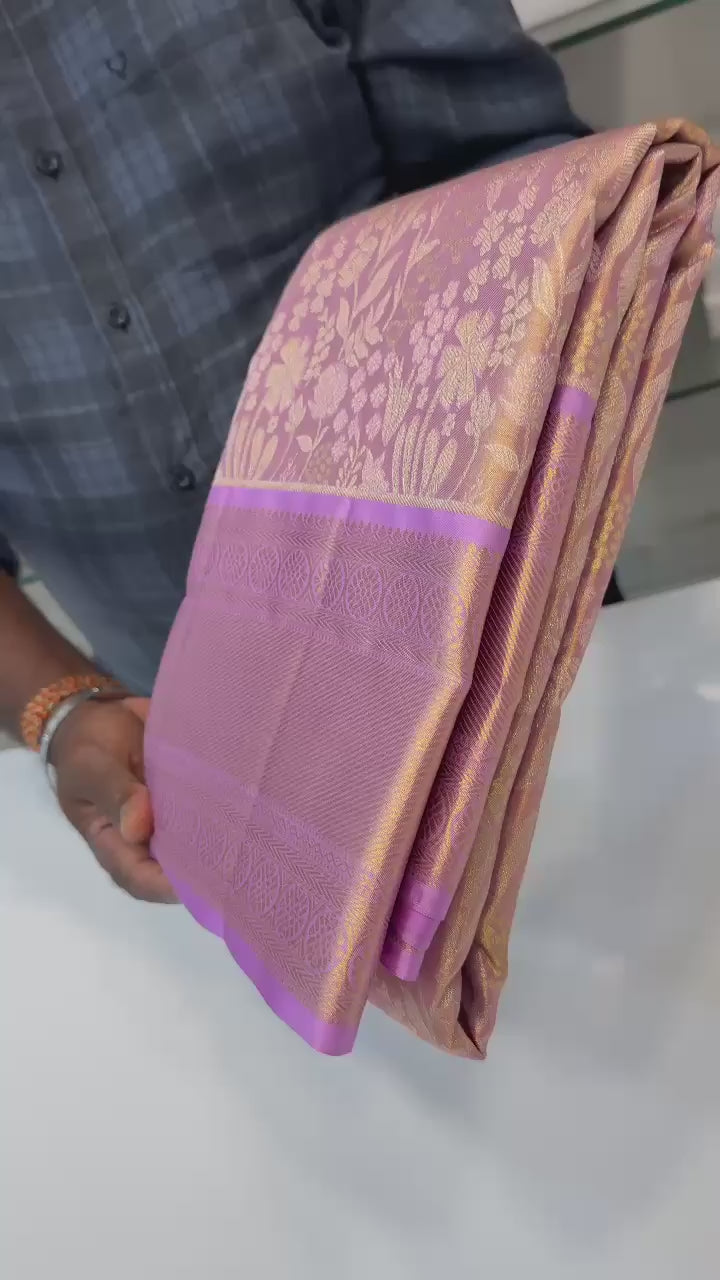 Classic Shimmer Gold & Lavender Bridal Elegance Kanchipuram Tissue Handloom Silk Saree SS26011
