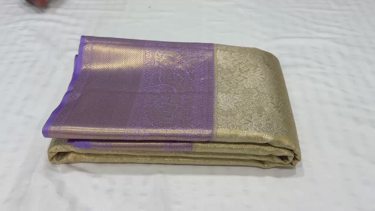Classic Champagne & Lavender Tissue Kuttu Bridal Elegance Kanchipuram Handloom Silk Saree SS25285