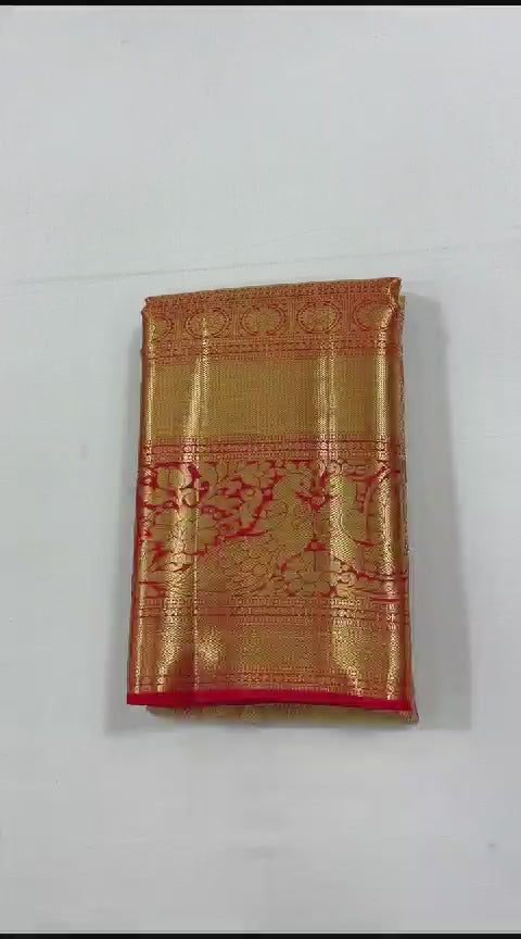 Pastel Rose Gold Leaves & Chilly Red Bridal Elegance Kanchipuram Handloom Silk Saree SS16456