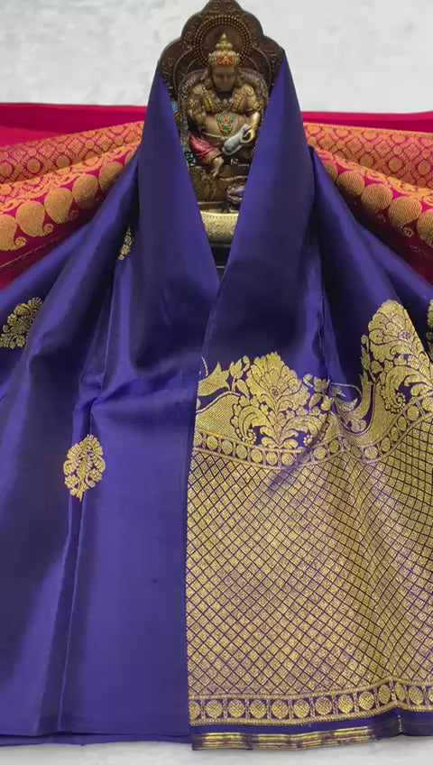 Classic  Navy Blue & Deep Pink 2gm Zari Elegance Kanchipuram Handloom Silk Saree SS25442