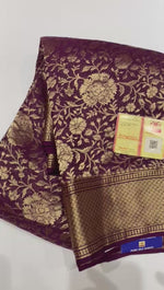 Load and play video in Gallery viewer, Classic Plum Elegance Khaddi Banarasi Crepe Silk Saree SS25939
