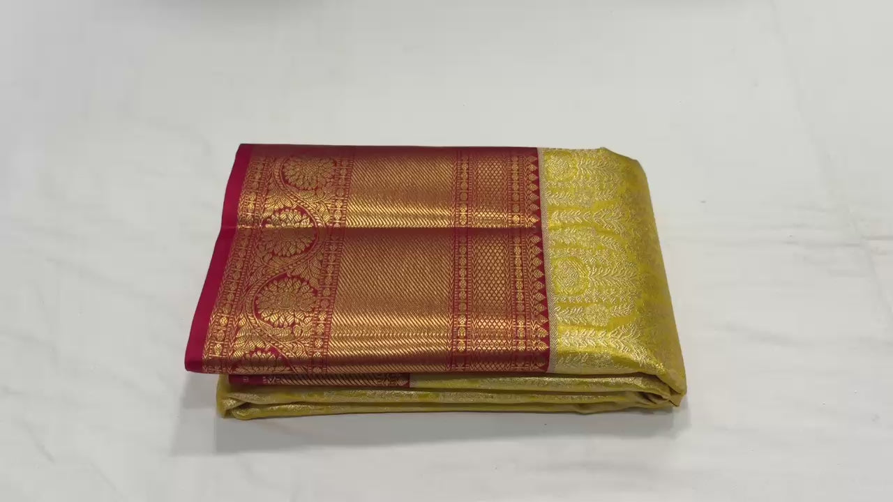 Classic Golden Yellow & Barn Red Bridal Elegance Kanchipuram Tissue Handloom Silk Saree SS24182