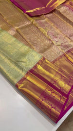 Load and play video in Gallery viewer, Classic Pastel Green &amp; Deep Pink Brocade Tissue Bridal Elegance Kanchipuram Handloom Silk Saree SS26911
