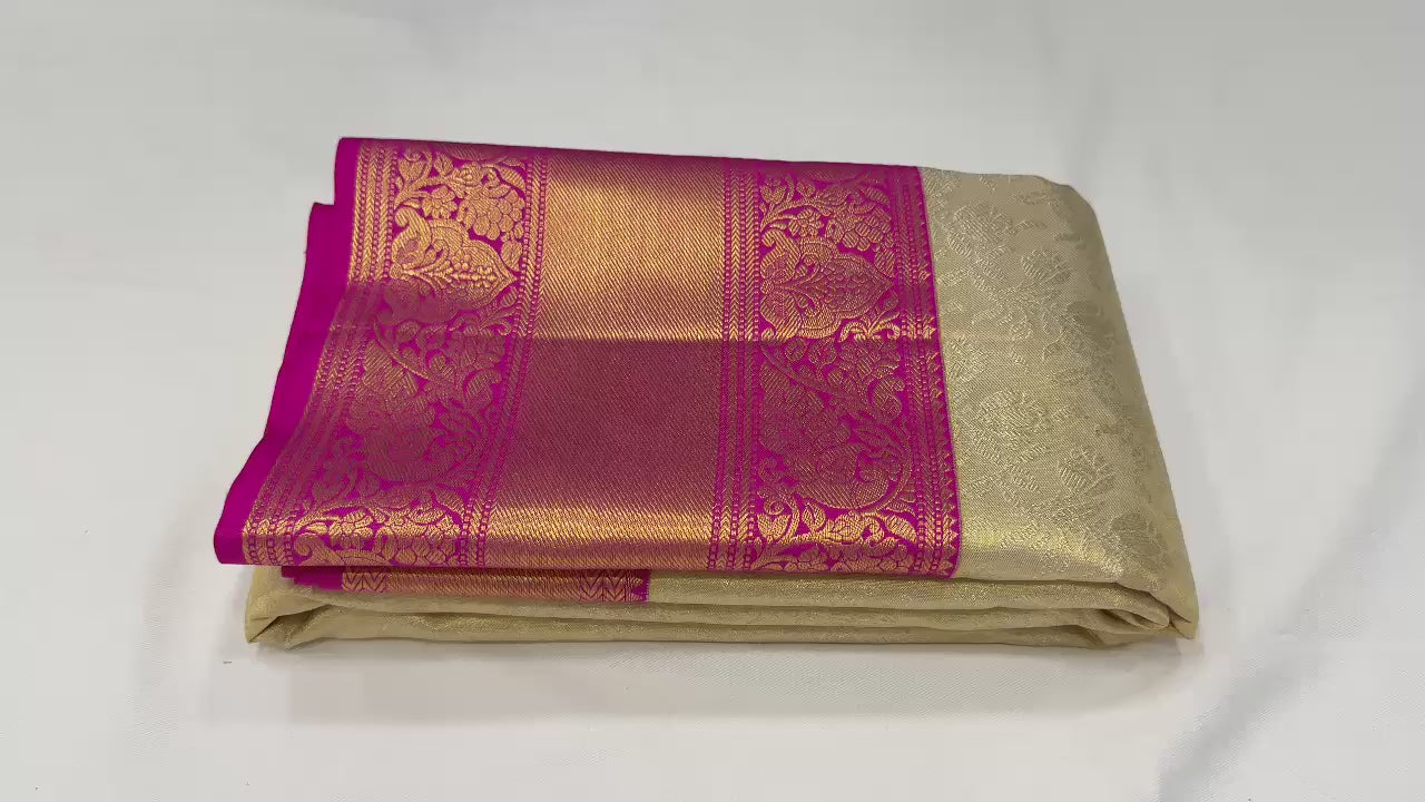 Butter Cream & Hot Pink Tissue Kuttu Bridal Elegance Kanchipuram Handloom Silk Saree SS25294