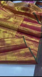 Load and play video in Gallery viewer, Shimmer Gold Orange Red Tissue Bridal Elegance Kanchipuram Handloom Silk Saree SS16444
