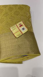 Load and play video in Gallery viewer, Classic Pastel Olive Green Handwork Elegance Khaddi Banarasi Crepe Silk Saree SS25410
