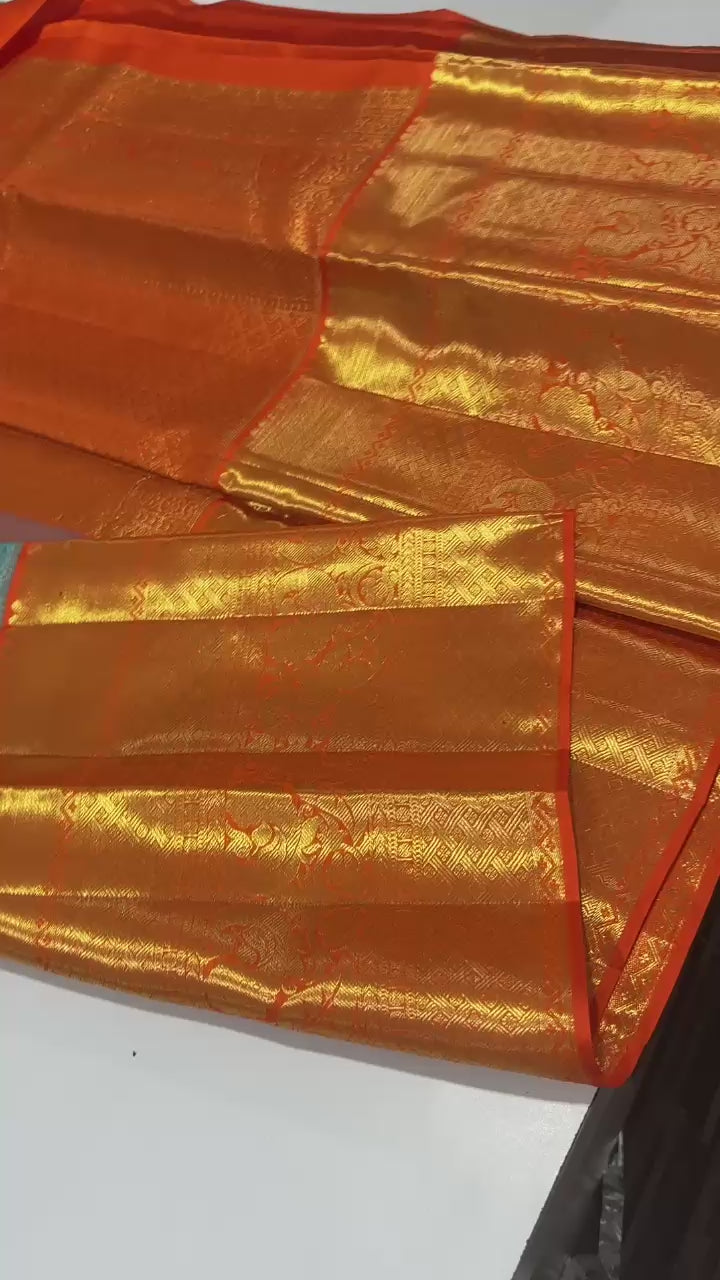 Classic Ice Blue & Orange Bridal Elegance Kanchipuram Handloom Silk Saree SS23709