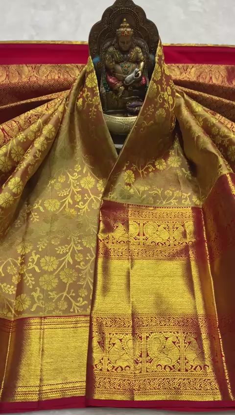 Classic Golden Mustard & Brick Red 2gm Zari Bridal Elegance Kanchipuram Handloom Silk Saree SS25356