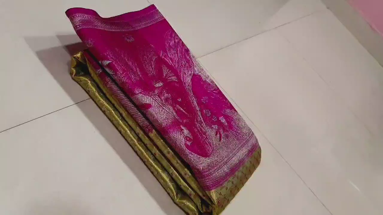 Shimmer Gold & Deep Pink 4D designed Bridal Elegance Kanchipuram Handloom Silk Saree SS24775