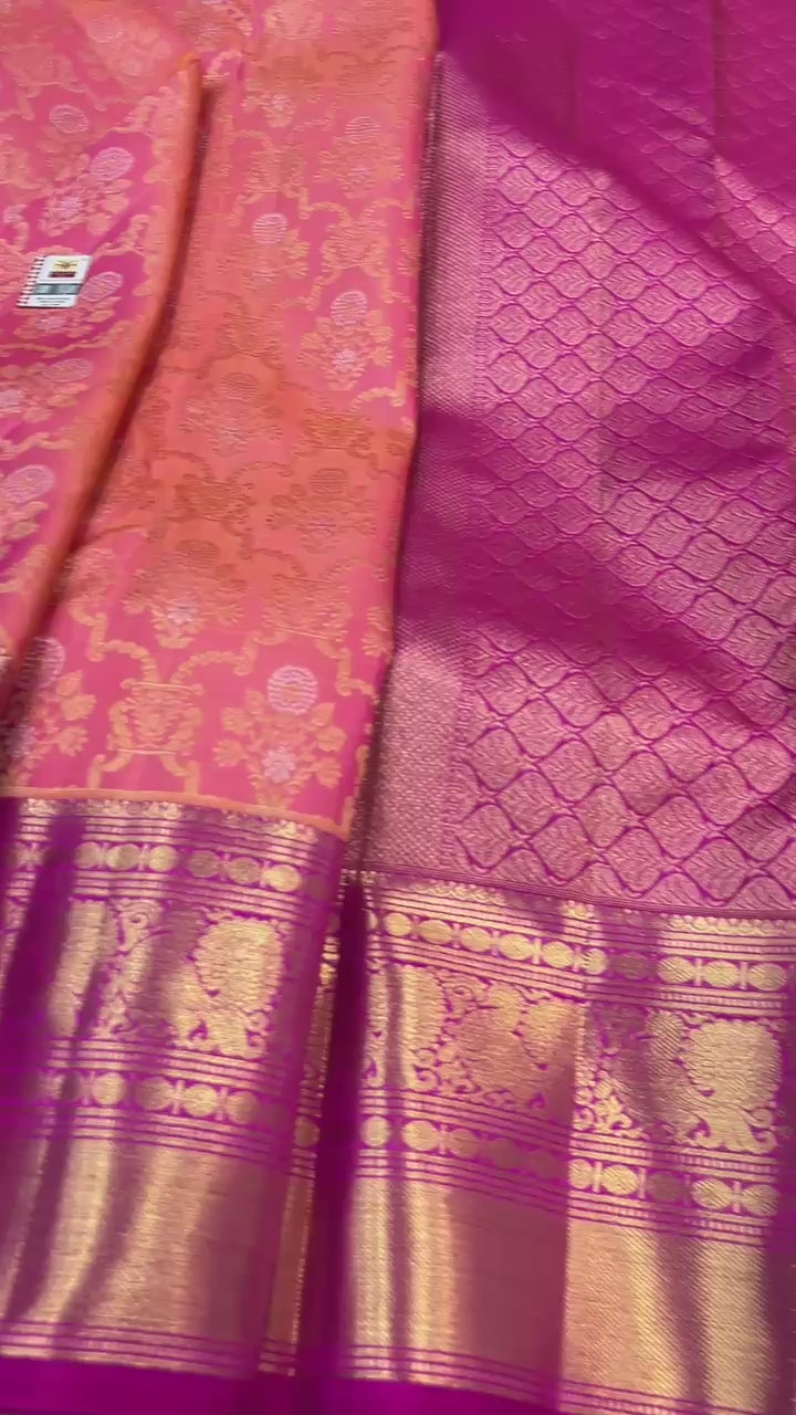 Classic Peachy Orange & Wine Bridal Elegance Kanchipuram Handloom Silk Saree SS24590