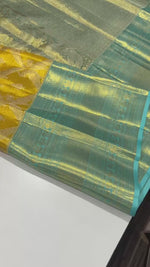 Load and play video in Gallery viewer, Classic Yellow &amp; Blue Bridal Elegance Kanchipuram Tissue Handloom Silk Saree SS25718
