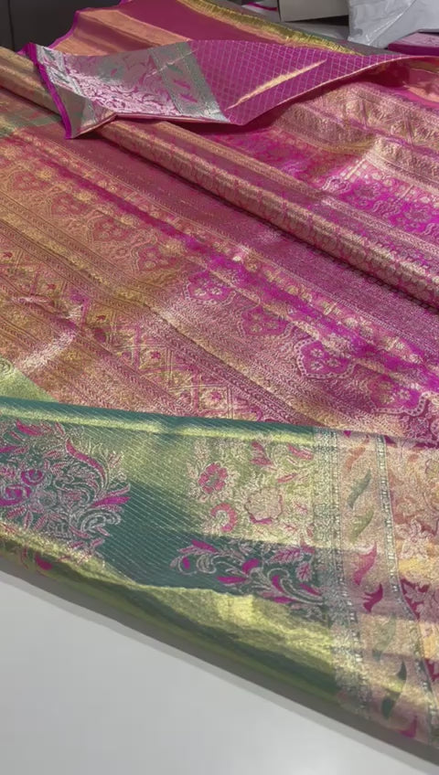 Golden Pastel Green & Fuchsia Pink 2gm Zari Tissue Bridal Elegance Kanchipuram Handloom Silk Saree SS17128