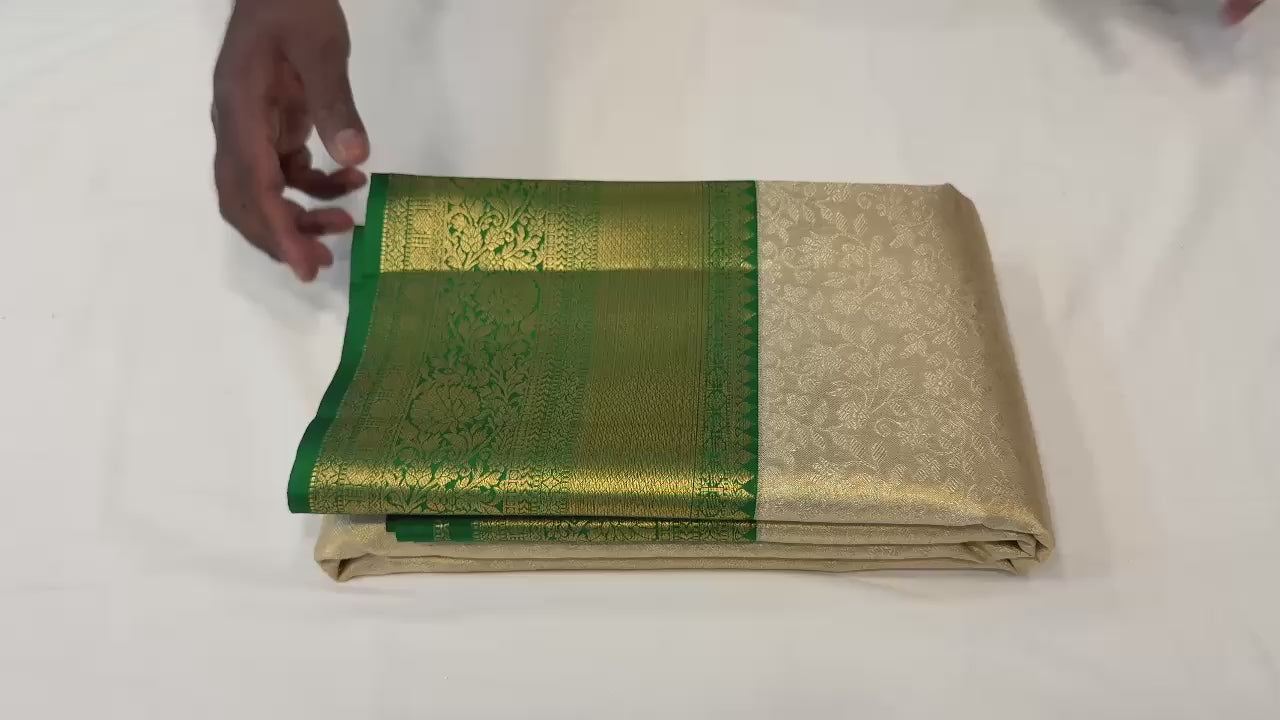 Classic Butter Cream & Green Tissue Kuttu Bridal Elegance Kanchipuram Handloom Silk Saree SS25282