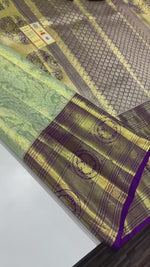 Load and play video in Gallery viewer, Classic Light Green &amp; Violet Brocade Tissue Bridal Elegance Kanchipuram Handloom Silk Saree SS25265
