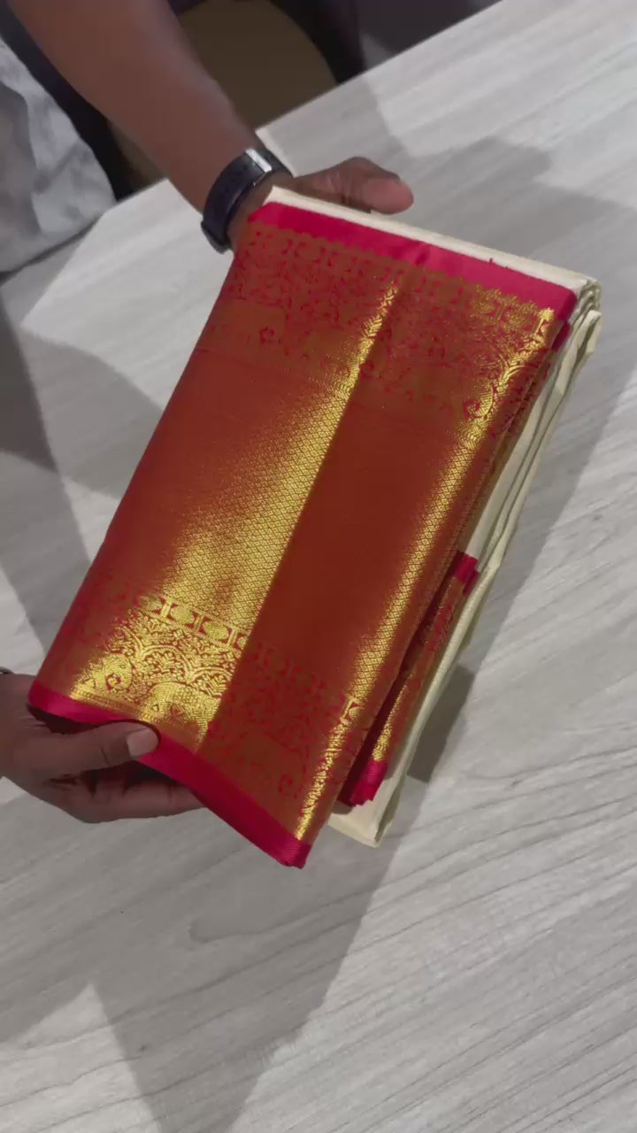 Classic White & Red Vathuvai 2gm Zari Bridal Elegance Kanchipuram Handloom Silk Saree SS26574