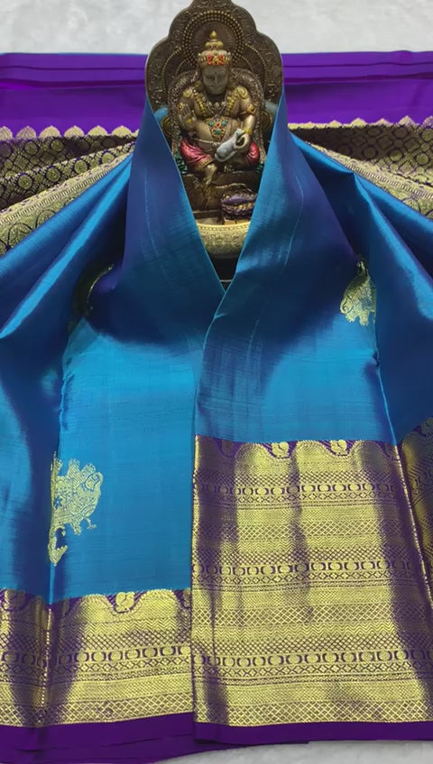 Classic Teal Blue & Purple 2gm Zari Bridal Elegance Kanchipuram Handloom Silk Saree SS23562