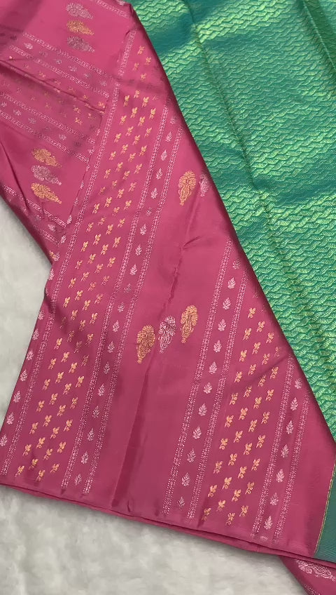 Creamy Pink & Teal Green 2gm Zari Elegance Kanchipuram Handloom Silk Saree SS20586