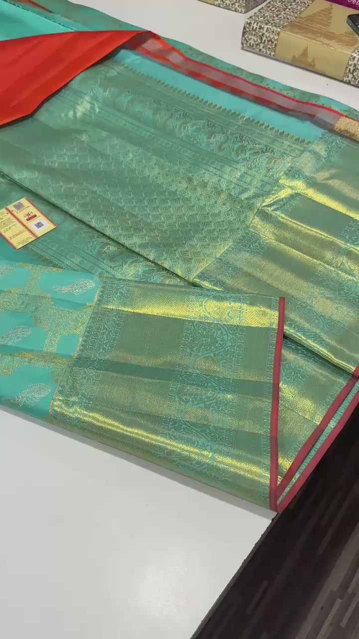 Classic Aqua & Orange Brocade Bridal Elegance Kanchipuram Tissue Handloom Silk Saree SS23726