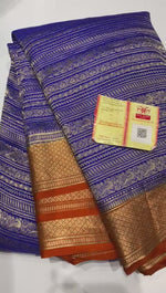 Load and play video in Gallery viewer, Classic Royal Blue &amp; Orange Handwork Elegance Khaddi Banarasi Crepe Silk Saree SS25412

