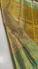 Load and play video in Gallery viewer, Classic Shimmer Gold &amp; Aqua Brocade Tissue Bridal Elegance Kanchipuram Handloom Silk Saree SS27271
