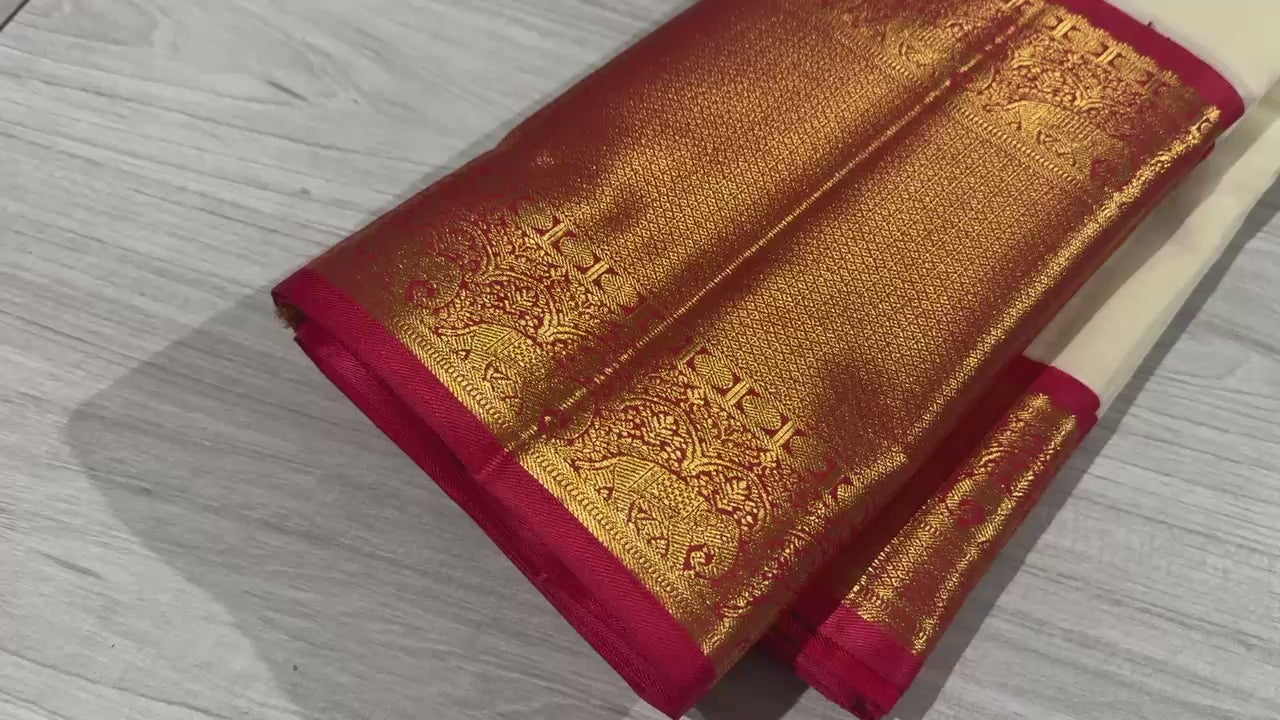 Classic White & Red Vathuvai 2gm Zari Bridal Elegance Kanchipuram Handloom Silk Saree SS26574