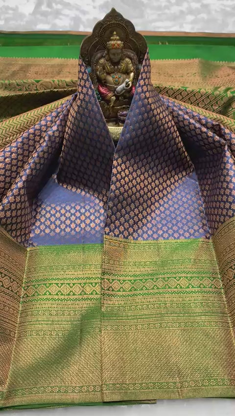 Classic Steel Blue & Green 2gm Zari Elegance Kanchipuram Handloom Silk Saree SS25436